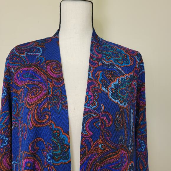Susan Graver Sz L Open Front Cardigan Duster Topper Paisley Long Sleeve Pockets - Picture 2 of 16